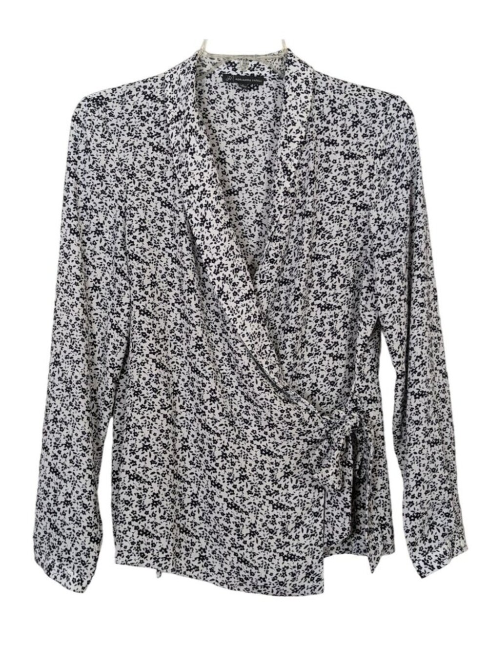 Adrianna Papell long sleeve floral white black wrap career blouse sz S